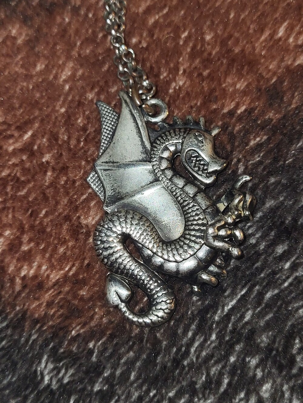 Vintage Pewter Dragon Pendant Necklace Gothic Fantasy Mythical Beast Silver Tone